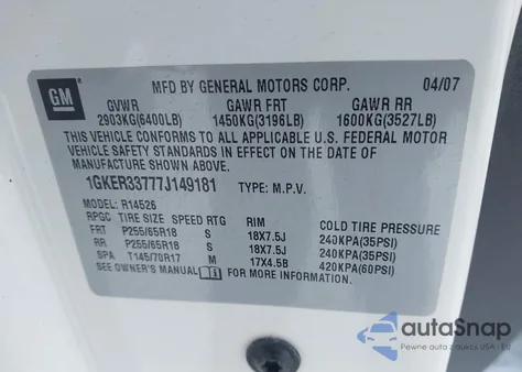 2007 GMC Acadia Slt-1 из США, поврежденный, VIN 1GKER33777J149181